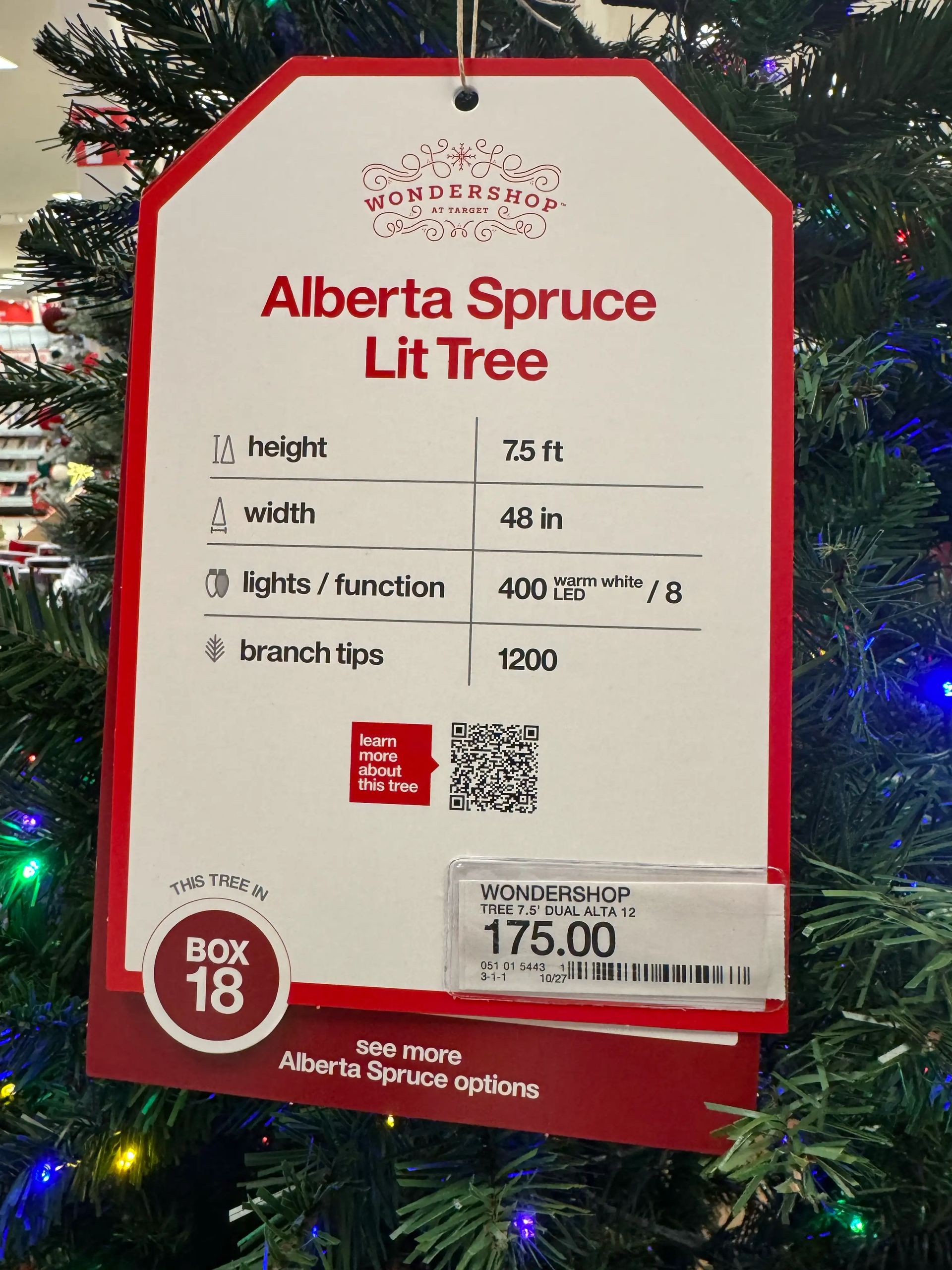 Product tag showing 7.5 ft tree specs: 48 in width, 400 warm white LED lights, 1200 branch tips, priced $175