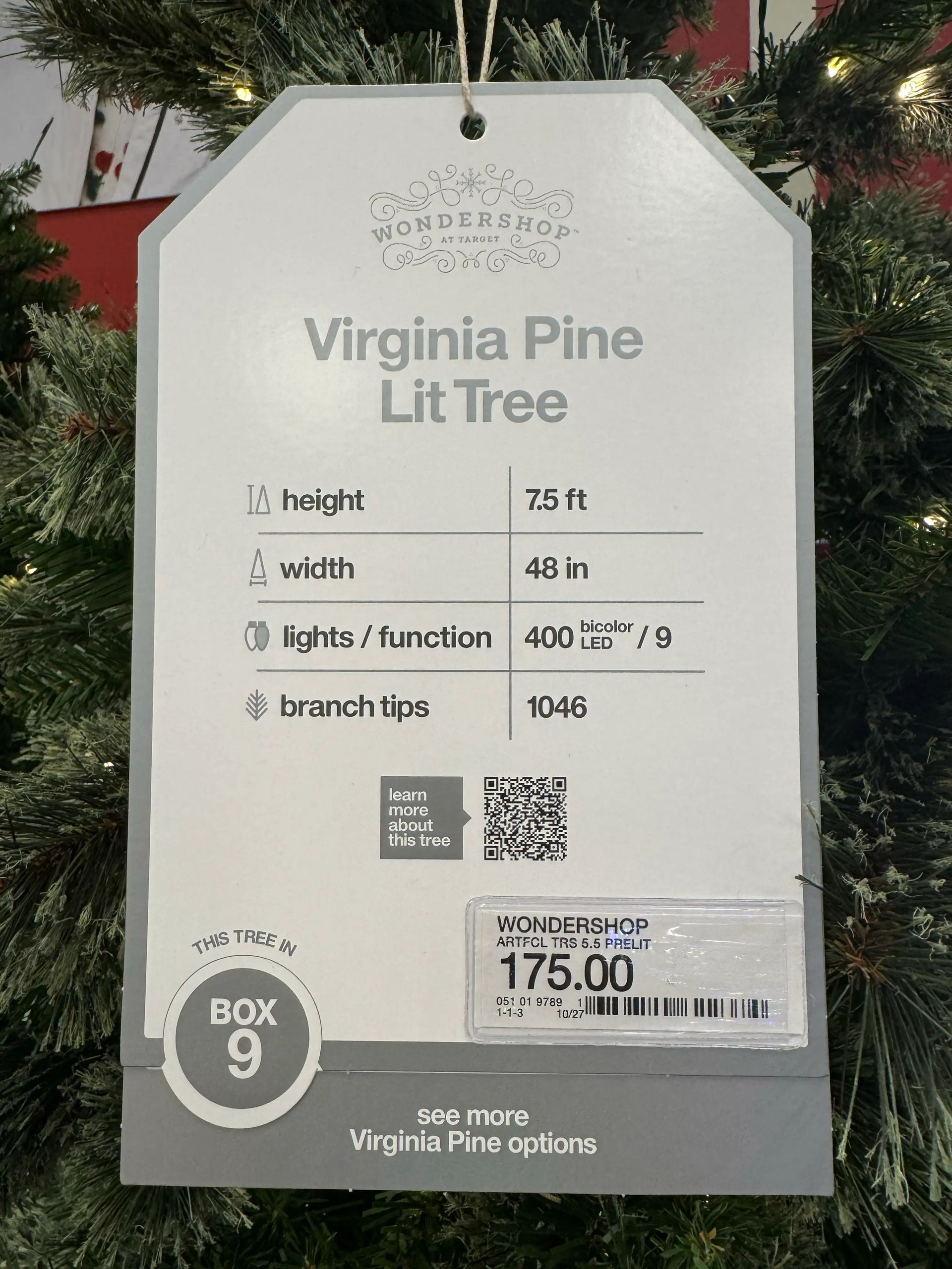 Product tag showing 7.5ft Virginia Pine specifications: 48in wide, 400 bicolor LED lights, 1046 branch tips, $175 price
