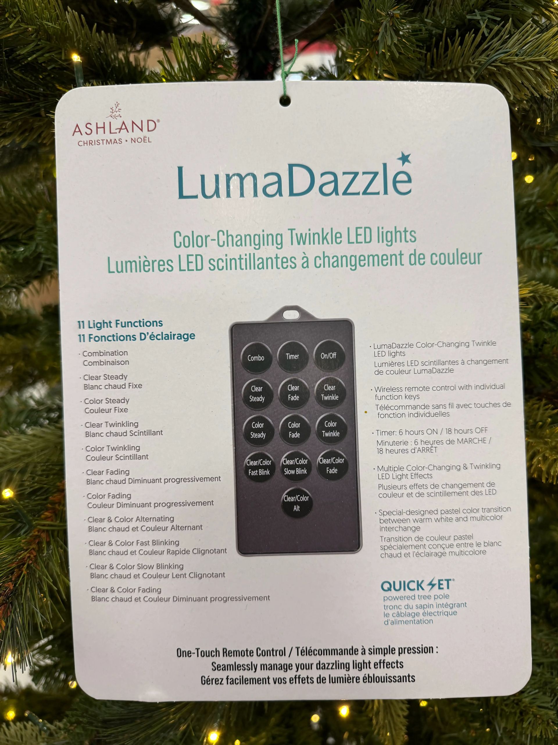 LumaDazzle remote control tag showing 11 light functions: combo, steady, twinkle, fade, and color-changing modes