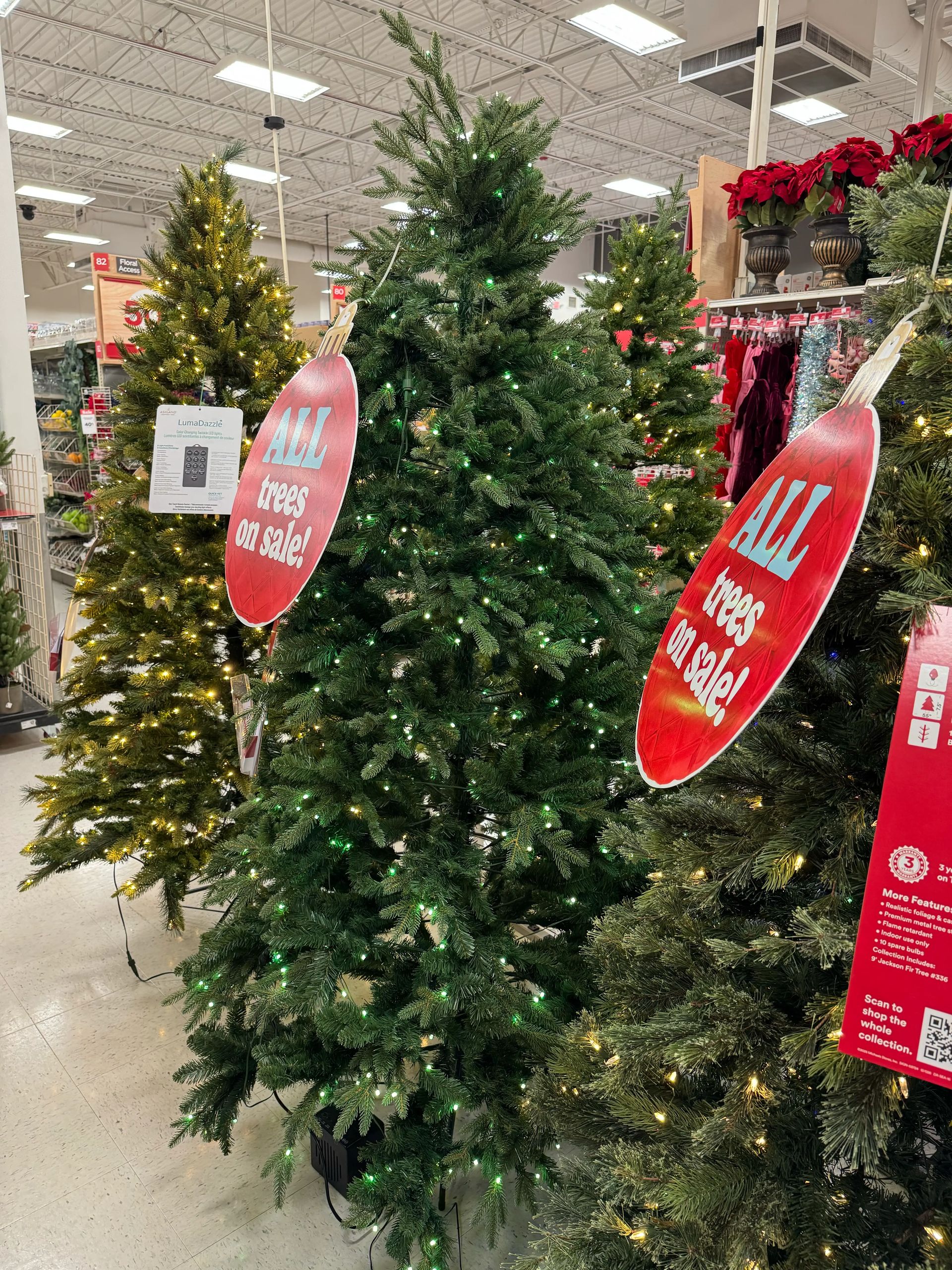 Full spruce-style tree with dense mixed PVC/PE branches, minimal gaps, warm white LED lights evenly distributed