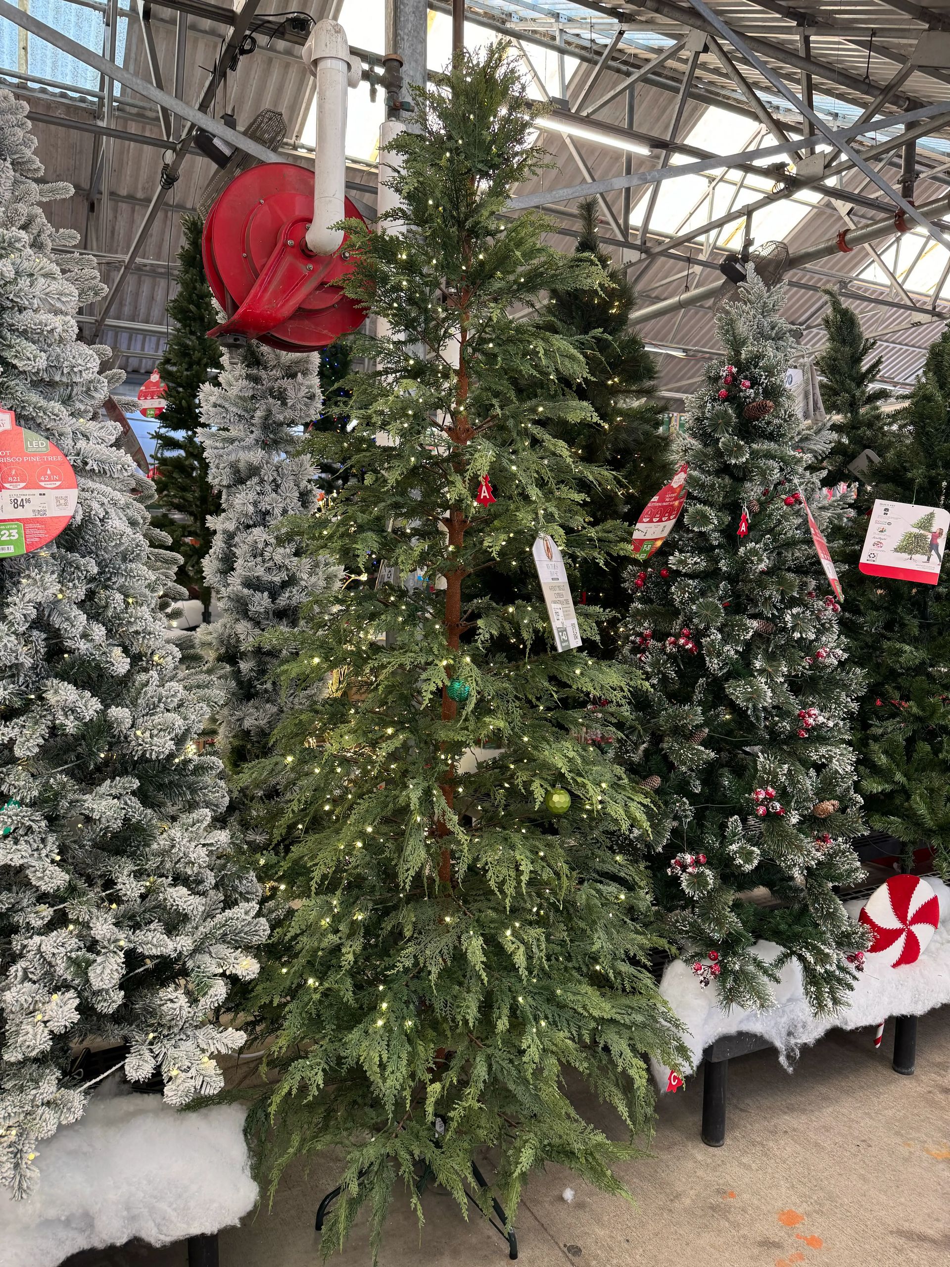 Realistic cypress-style tree, natural green molded needles, moderate fullness, warm white lights throughout