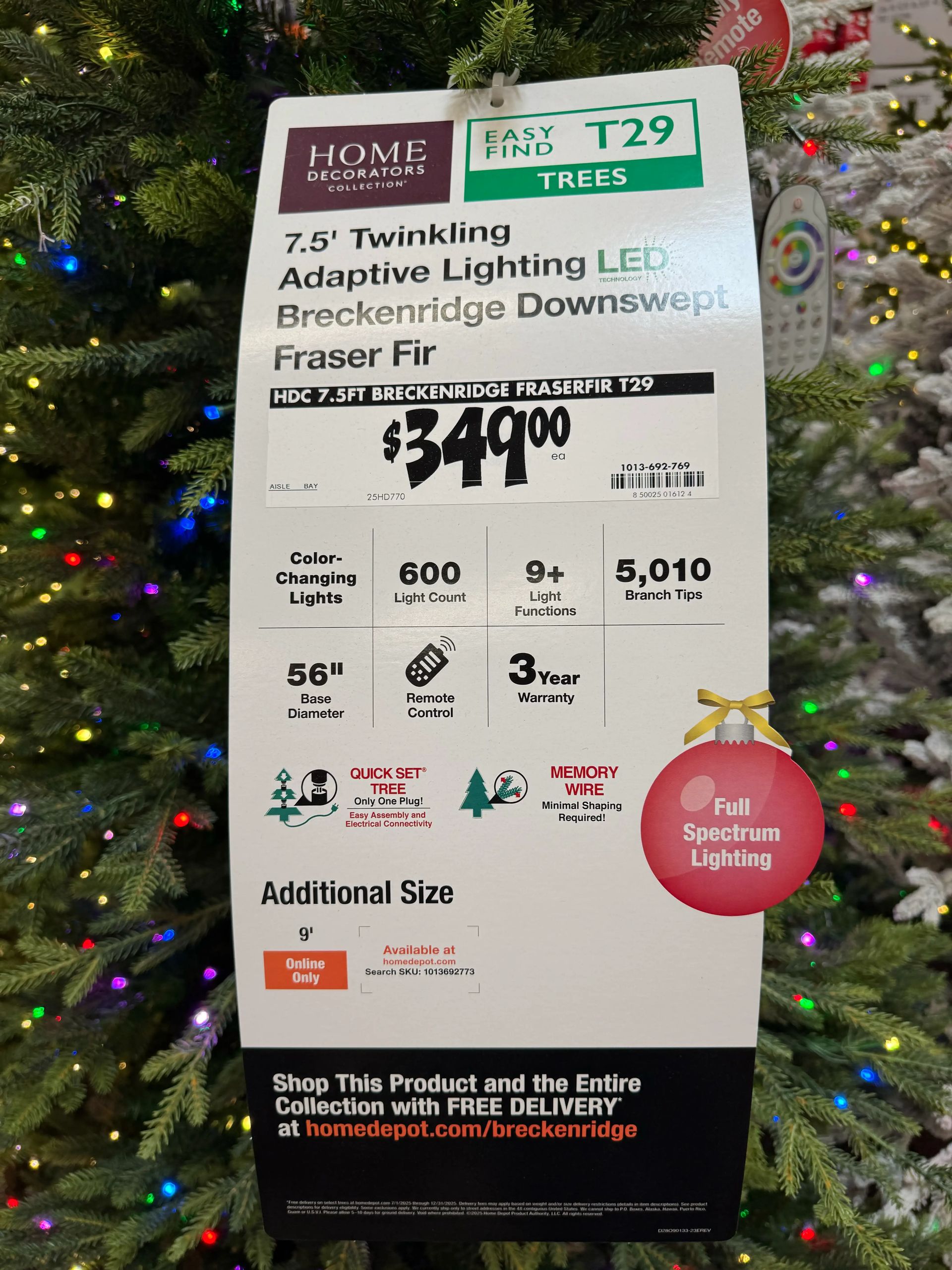 Product tag showing 7.5ft specs: 600 lights, 5,010 tips, remote control, memory wire, 56in base, $349