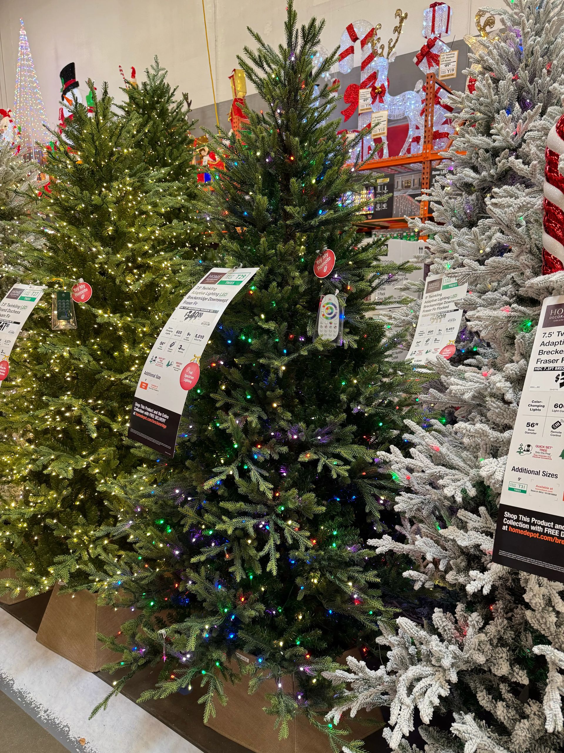 Dense fir-style tree with mixed PVC/PE needles, multicolor LED lights throughout, full shape with minimal gaps