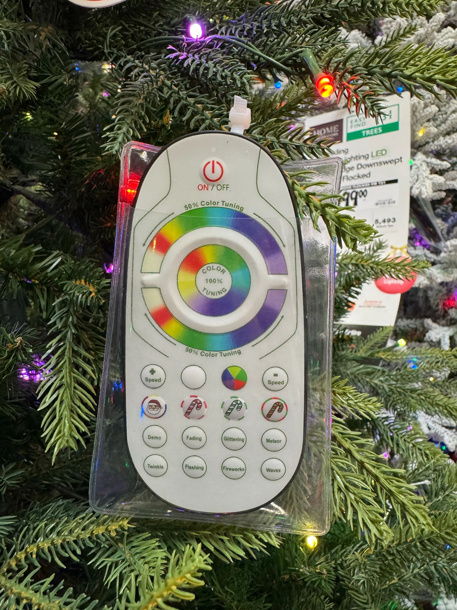 Remote control with color wheel, speed controls, and preset light effects including demo, fading, glittering, meteor modes
