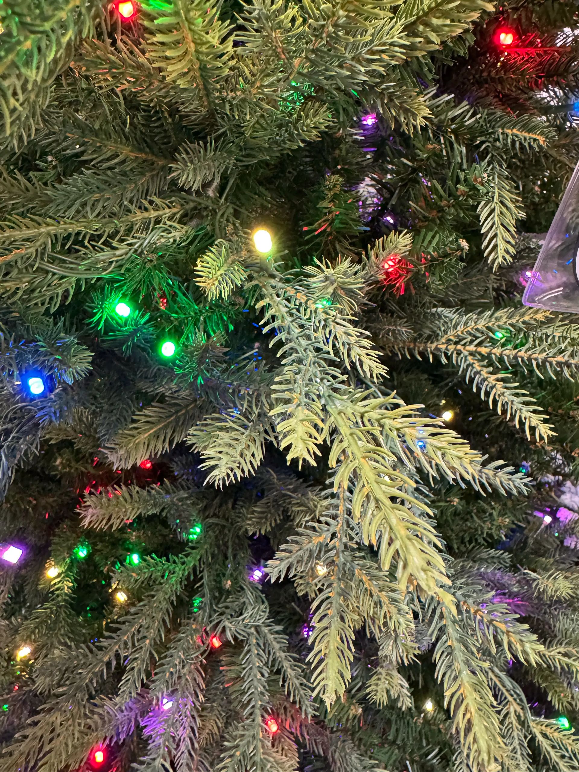 Mixed PVC and molded PE fir needles, multicolor mini LED lights throughout, moderate to dense branch coverage