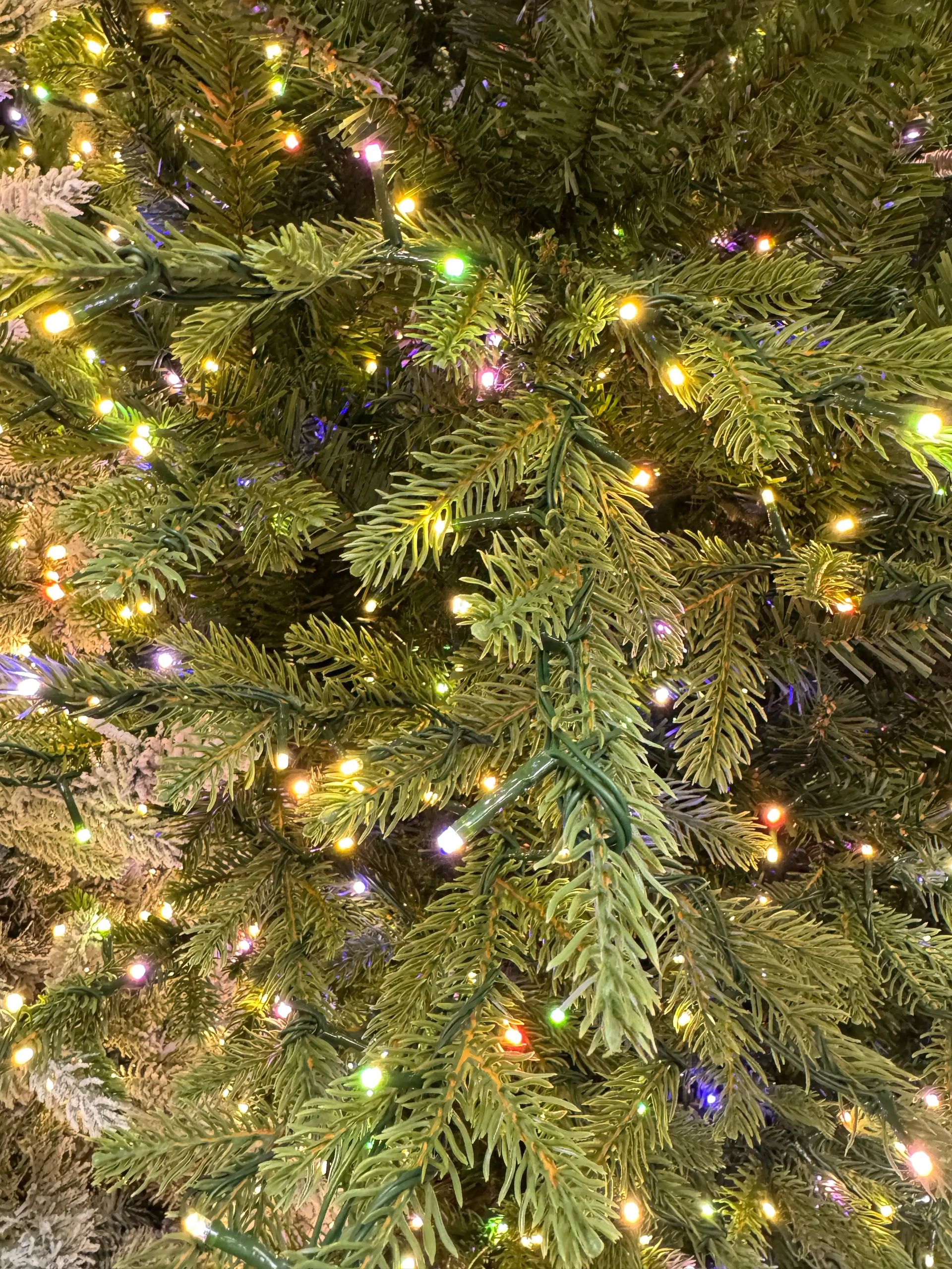 Mixed PVC and PE fir needles, dense warm white and multicolor micro LED coverage, full branching with minimal gaps