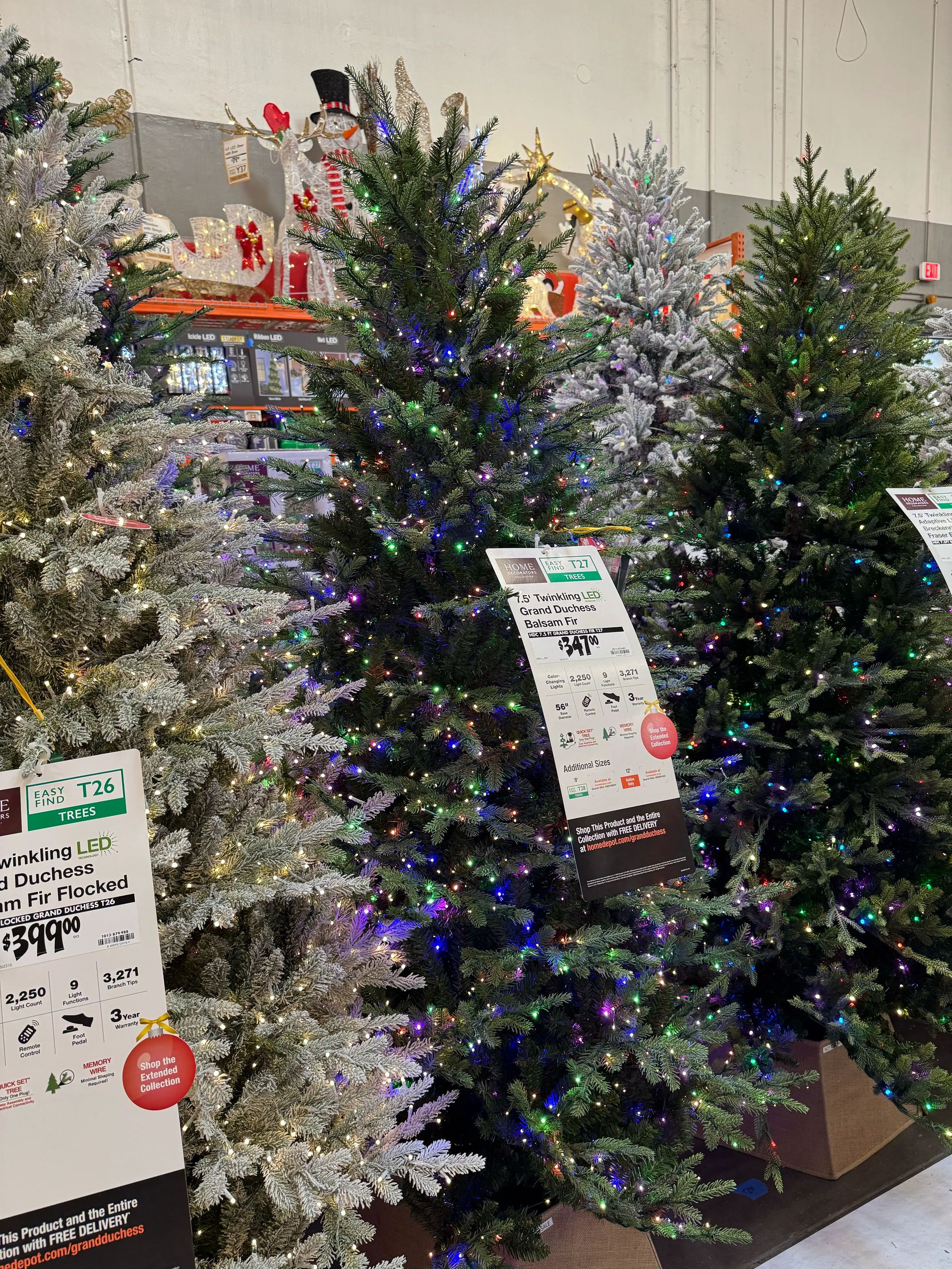 Dense fir-style tree with mixed PVC/PE needles, full branching with minimal gaps, multicolor LED lights throughout