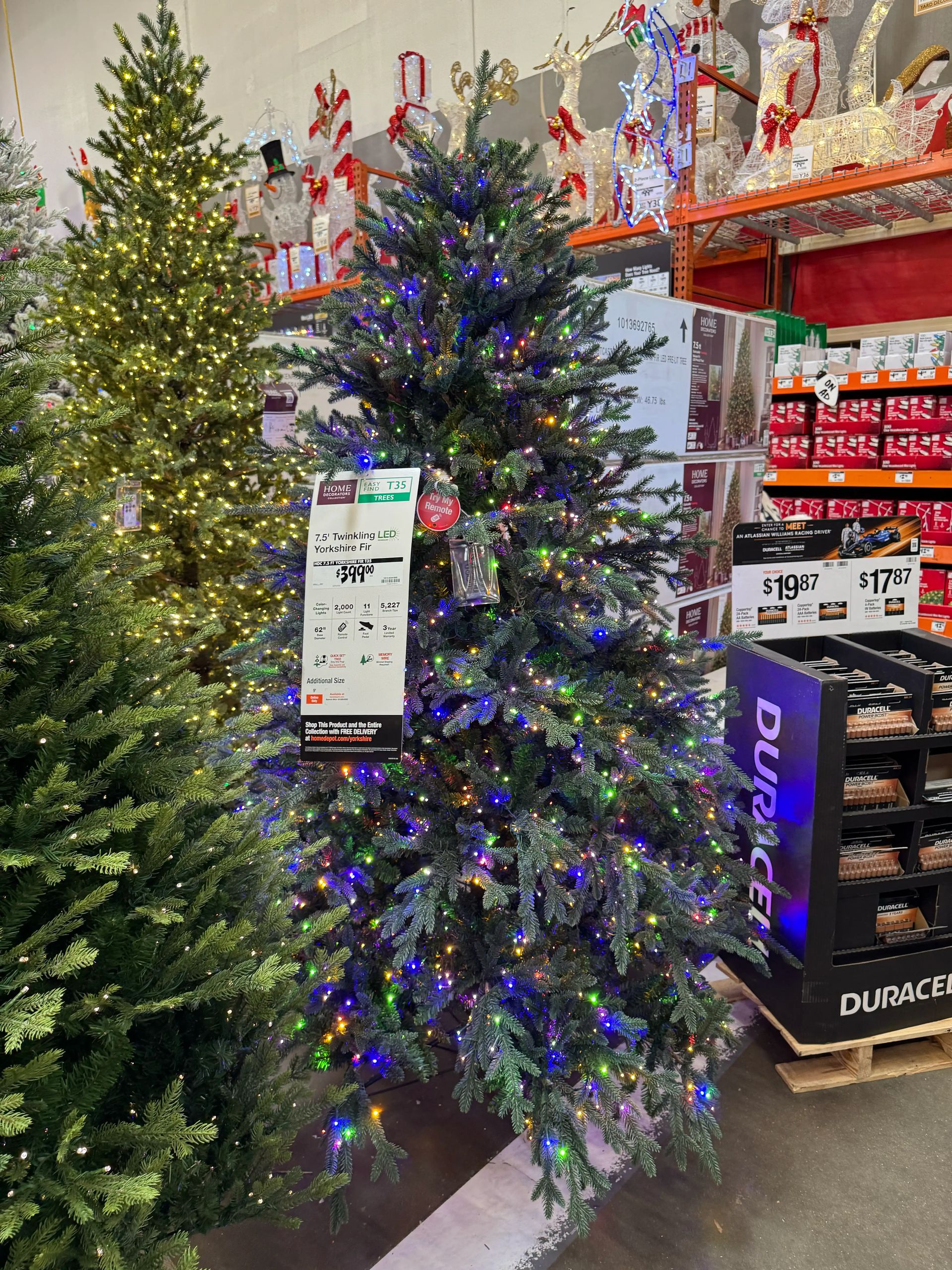 Mixed PVC and PE fir needles, full shape with minimal gaps, dense multicolor LED coverage throughout branches