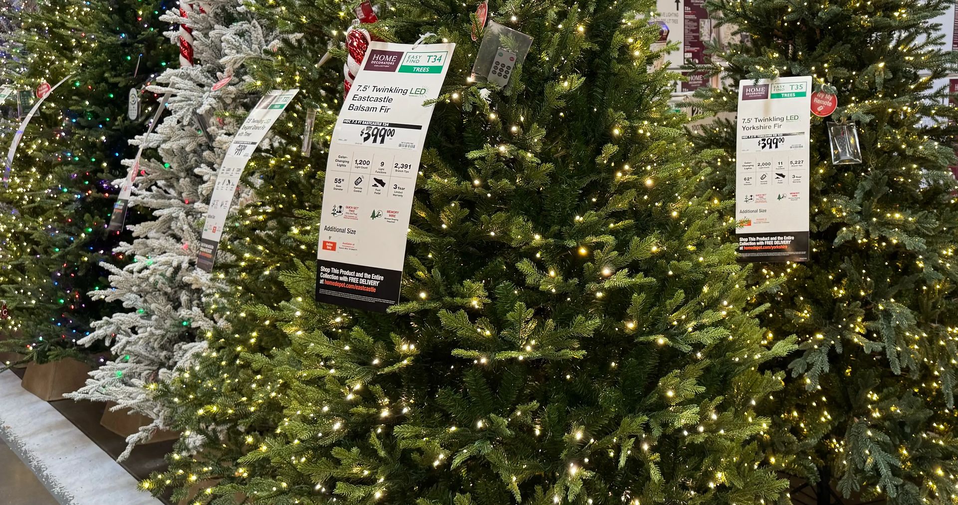 Dense fir-style tree with mixed PVC/PE needles, full shape with minimal gaps, warm white micro LEDs throughout