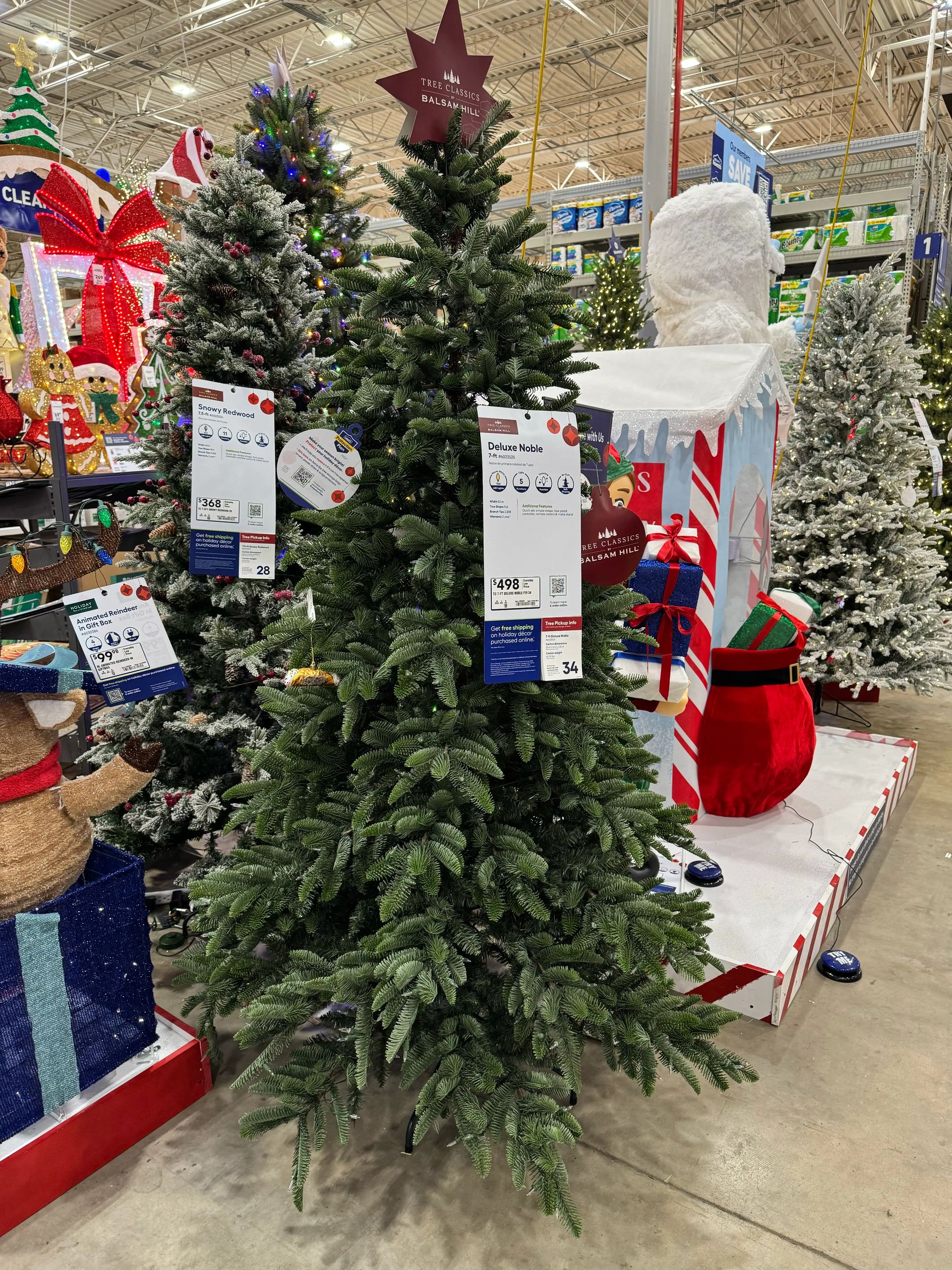 Full fir-style tree with dense mixed PVC/PE needles, downswept branches, warm white lights, minimal gaps, natural green