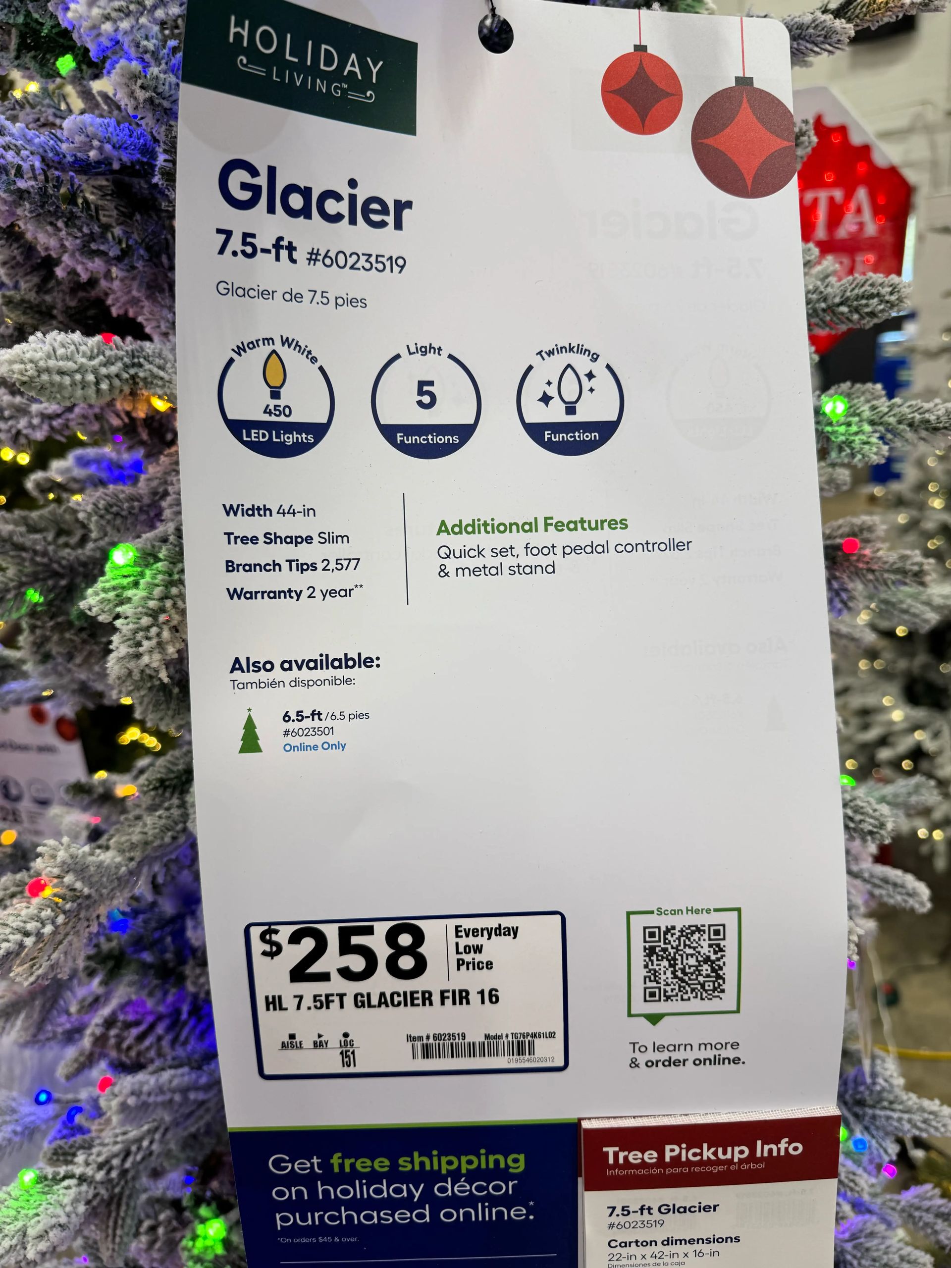 Product tag showing 7.5ft Glacier specs: 450 warm white LED lights, 5 functions, twinkling feature, $258 price