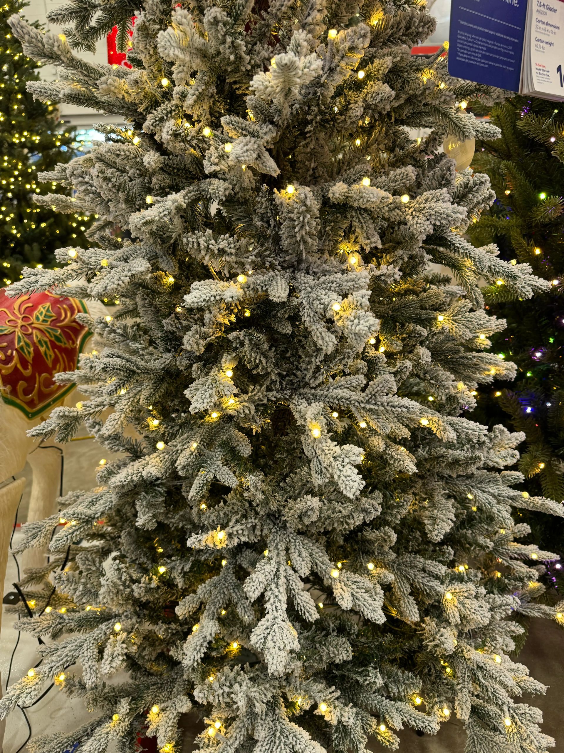 Dense flocked fir with heavy white coating and glitter, warm white LED lights throughout, minimal gaps, full shape
