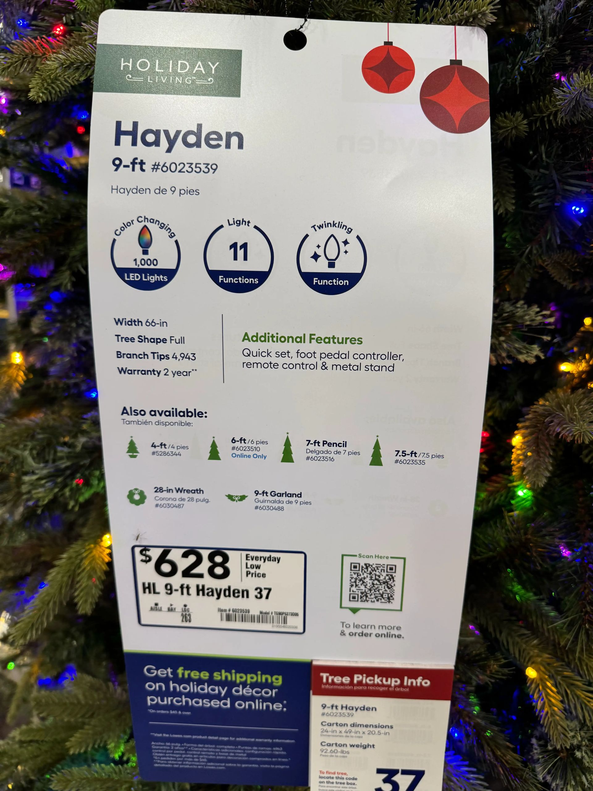 Product tag for 9ft Hayden: 66in width, 1,000 LED lights, 11 functions, twinkling, $628, remote & foot pedal included
