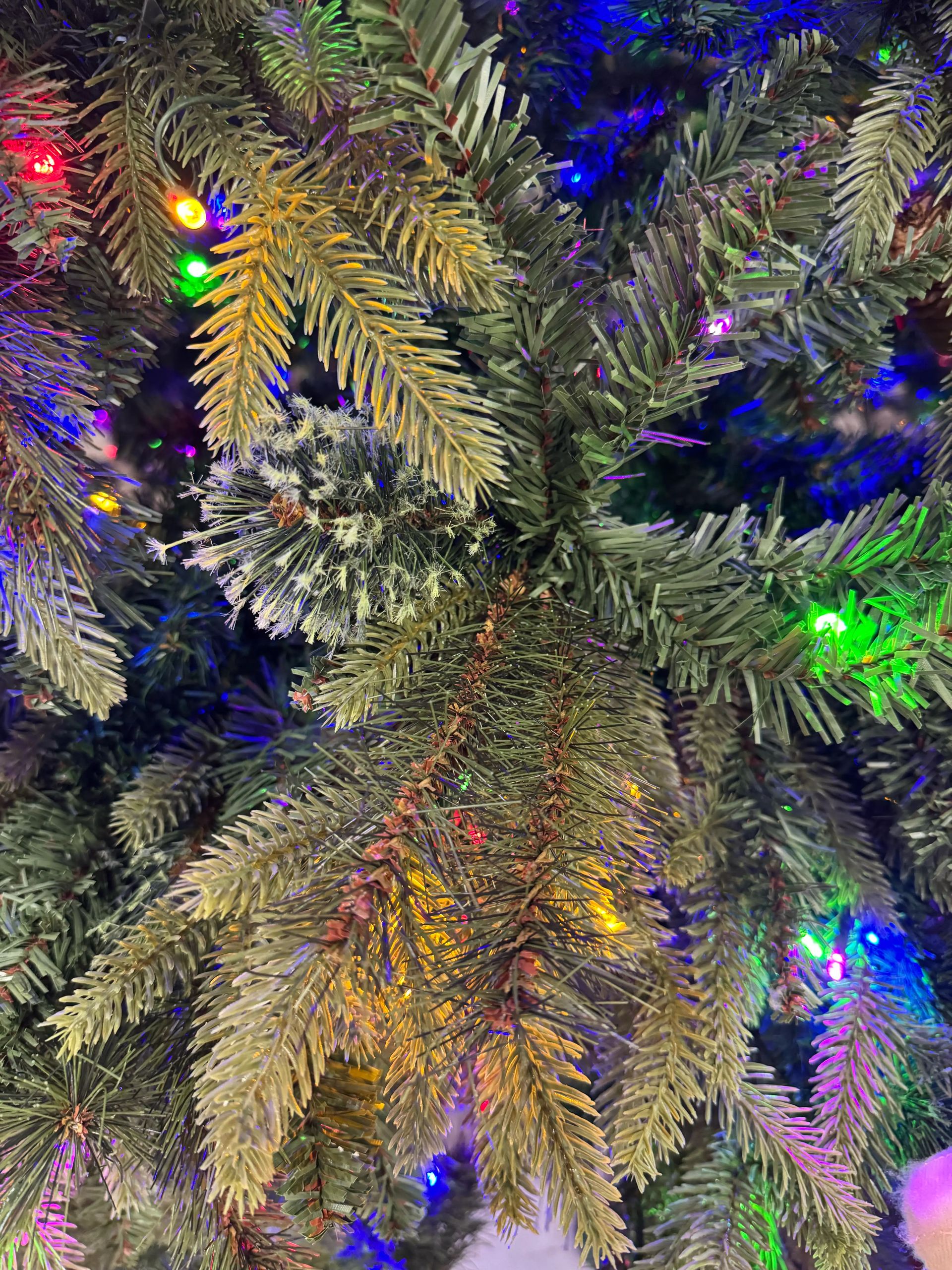 Mixed PVC and PE pine needles with multicolor LED lights, frosted pinecone decoration, moderate light coverage