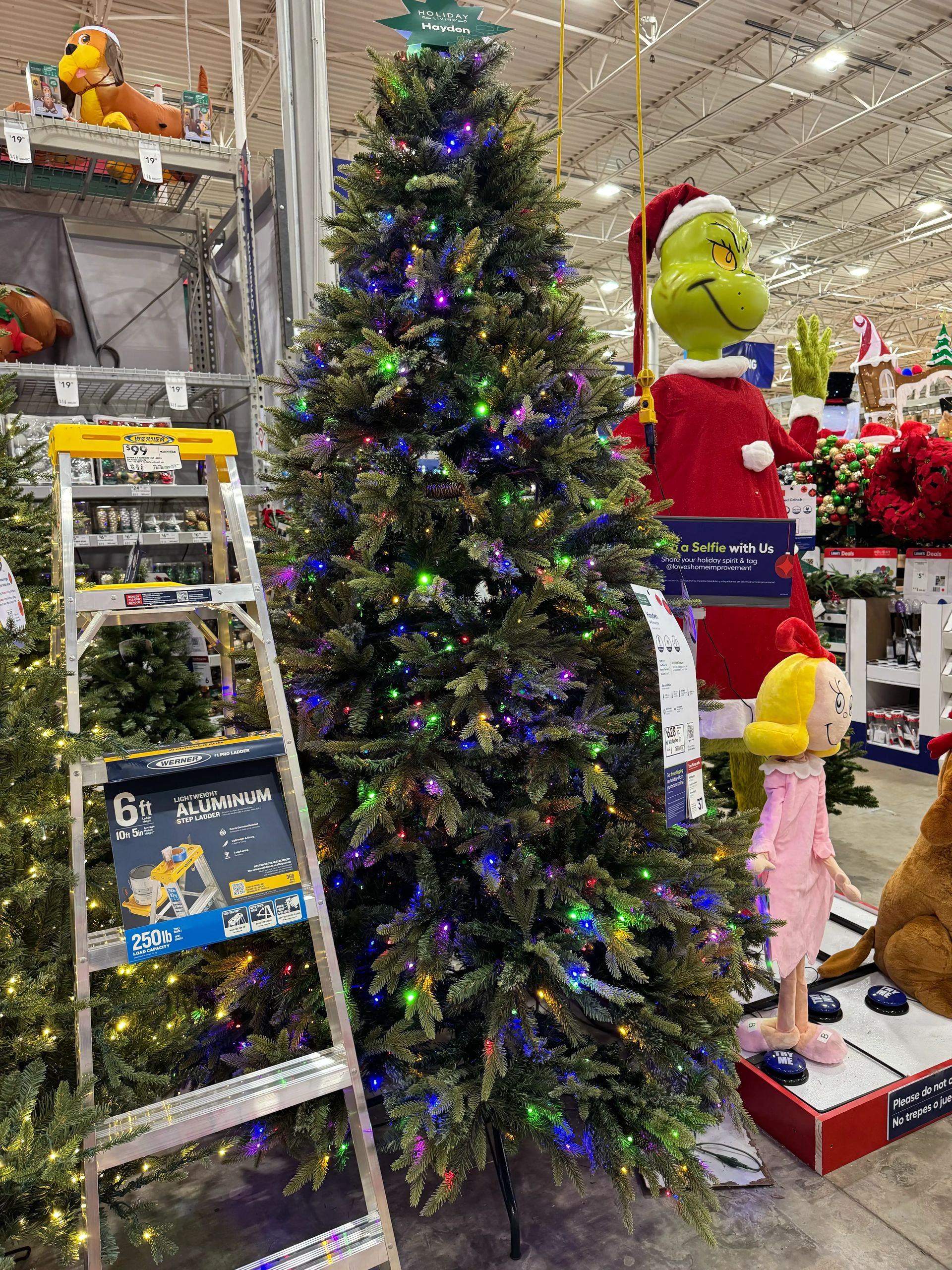 Full pine tree with moderate PVC branching, visible gaps, dense multicolor LED lights throughout, yellow ladder beside