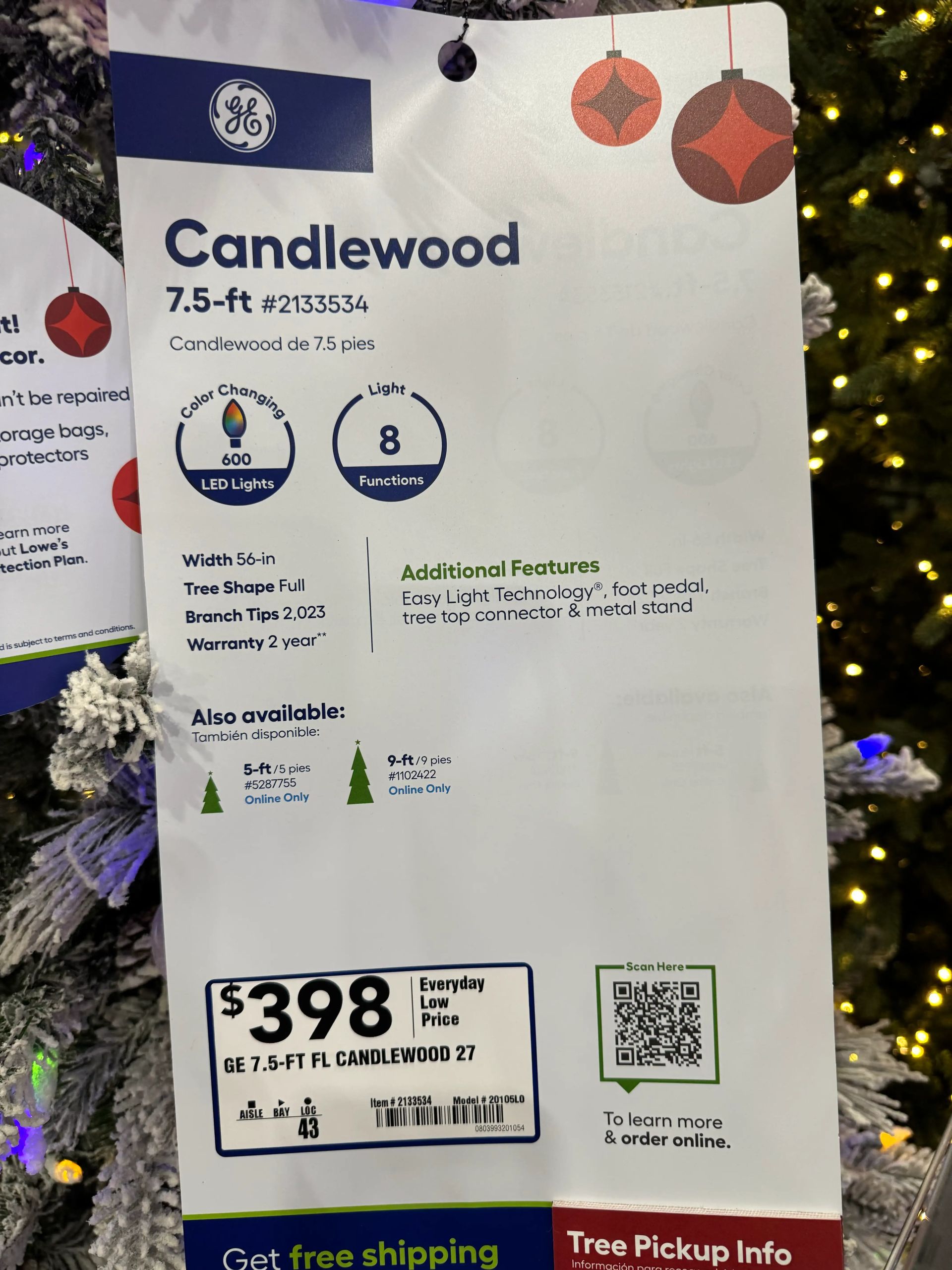 Product tag showing 7.5ft Candlewood specs: 56in width, 600 color-changing LEDs, 2023 tips, 8 functions, $398