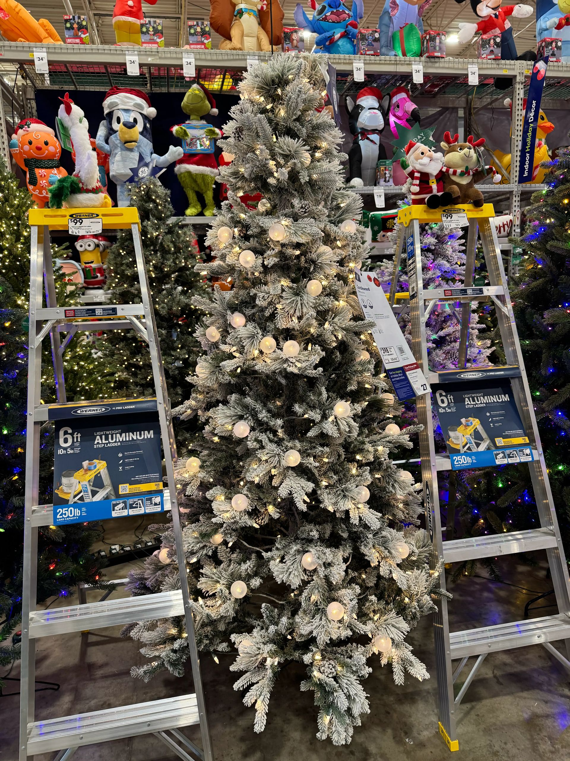 Full frosted pine with heavy silver flocking, mixed PVC/PE needles, dual lighting with large cream bulbs and warm LEDs
