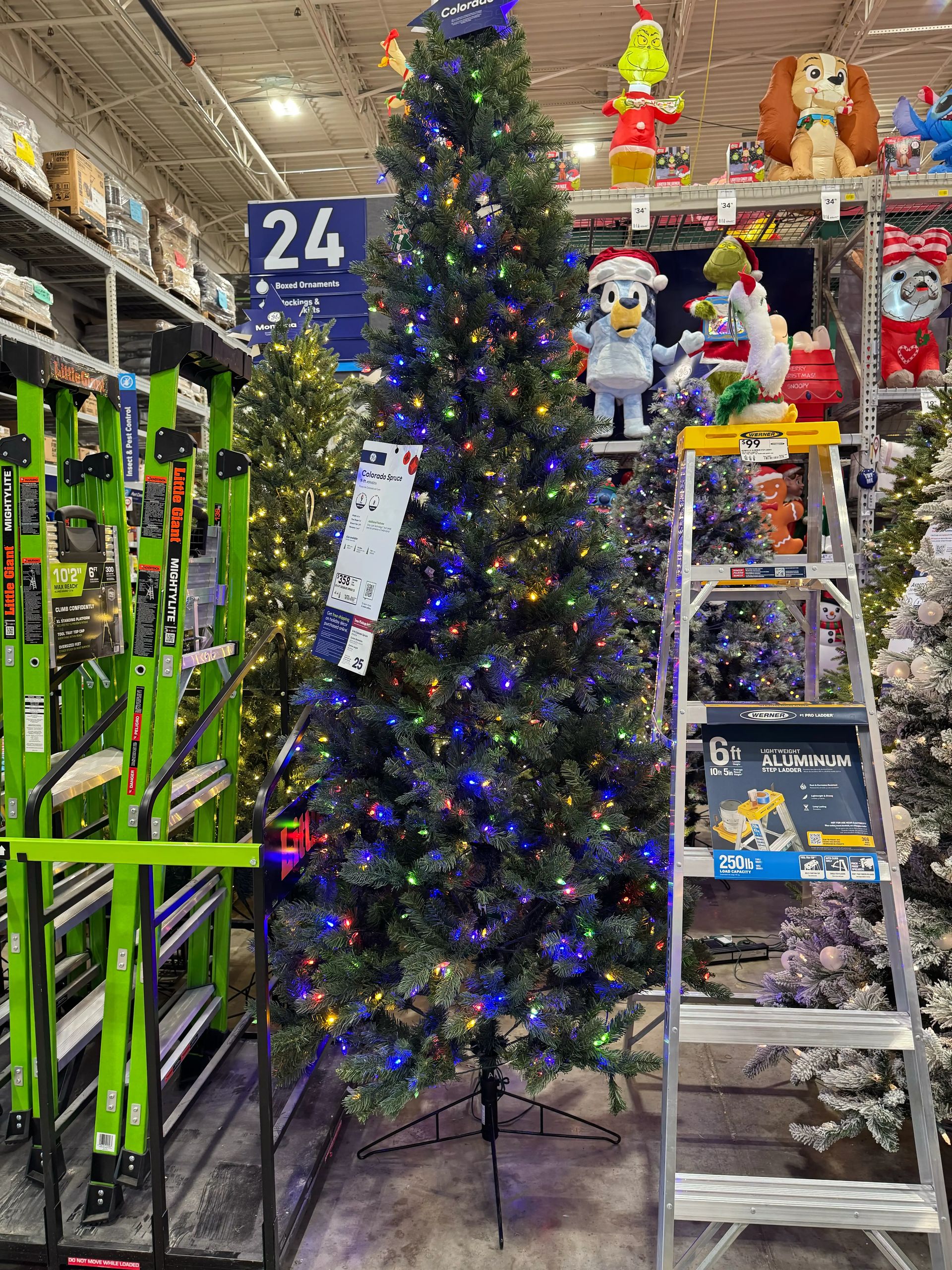 Moderately full spruce-style tree with mixed PVC/PE needles, dual-color LEDs (multicolor + warm white), minimal gaps