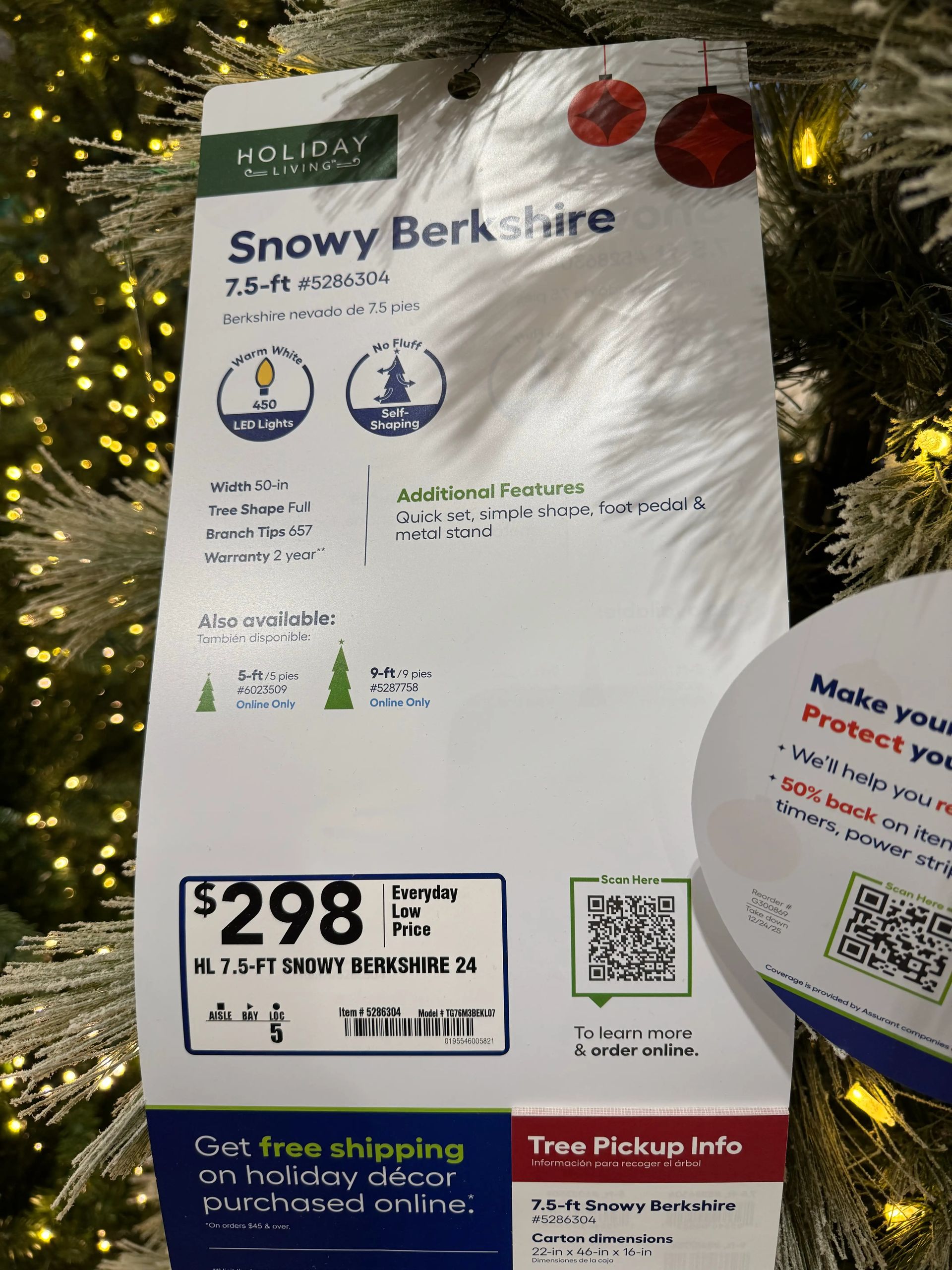 Product tag showing 7.5ft Snowy Berkshire specs: 50in width, 450 warm white LEDs, 657 branch tips, $298 price