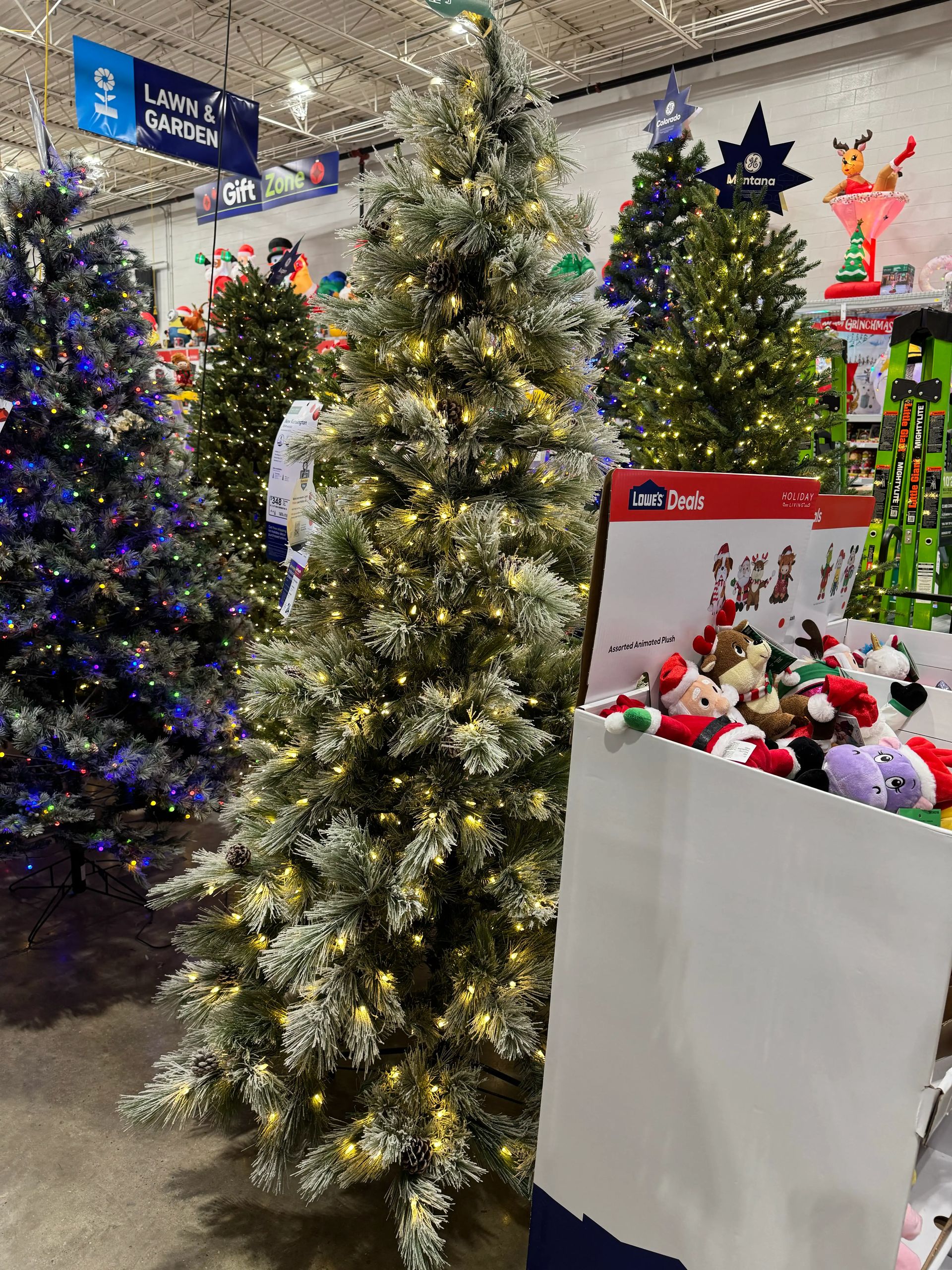 Pine-style tree with moderate PVC branches, frosted white-tipped needles, warm white LED lights throughout