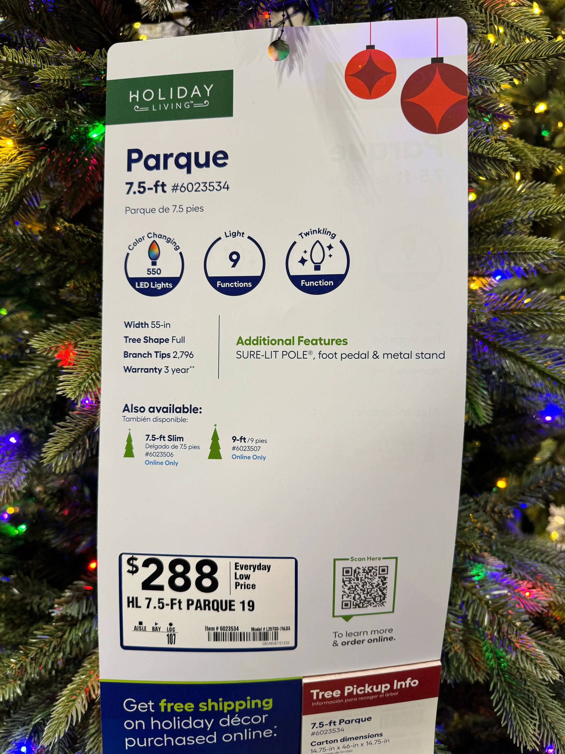 Product tag showing 7.5ft tree specs: 550 color-changing LEDs, 9 functions, 2,796 tips, $288 price
