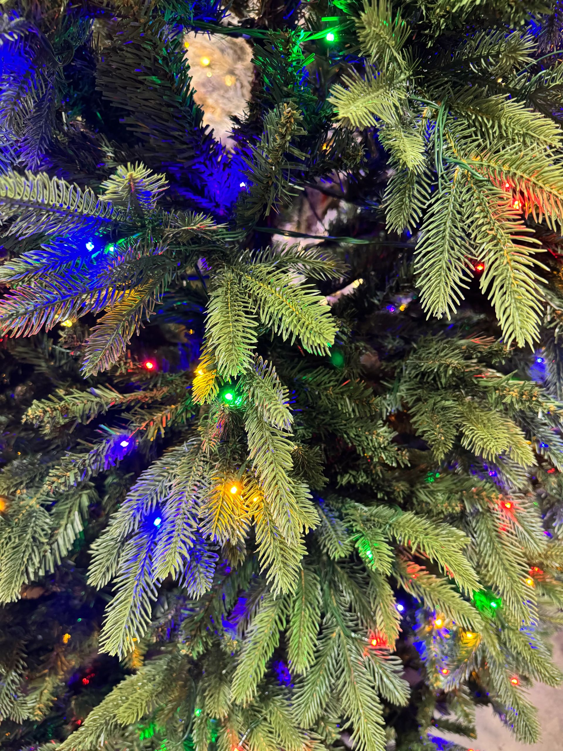 Mixed PVC and PE needles with multicolor mini bulbs, moderate branch density, visible darker inner branches