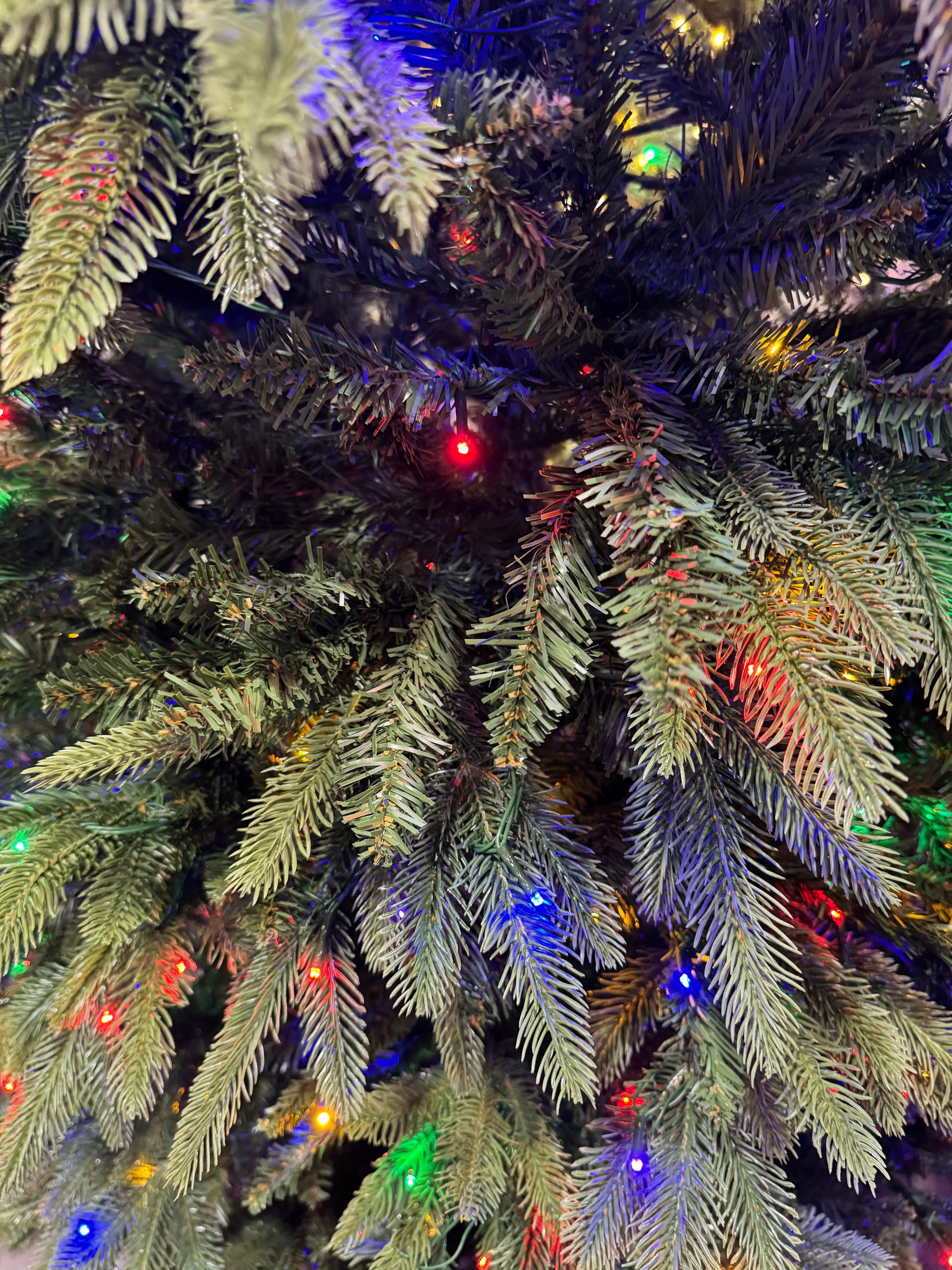 Mixed PVC and PE needle tips, dense multicolor mini LED lights throughout, full branching with minimal visible gaps